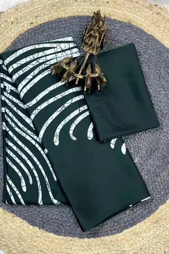 Black Greenish printed satin saree with blouse piece