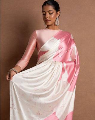 Pink printed satin saree with blouse piece 1