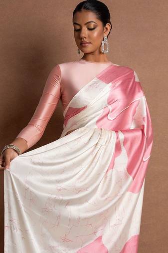 Pink printed satin saree with blouse piece
