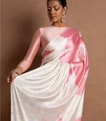 Pink printed satin saree with blouse piece
