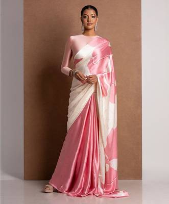 Pink printed satin saree with blouse piece 2
