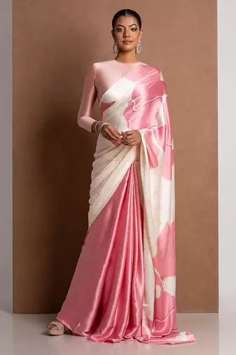 Pink printed satin saree with blouse piece