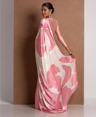 Pink printed satin saree with blouse piece 3