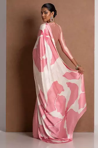 Pink printed satin saree with blouse piece