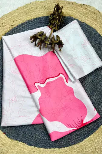 Pink printed satin saree with blouse piece