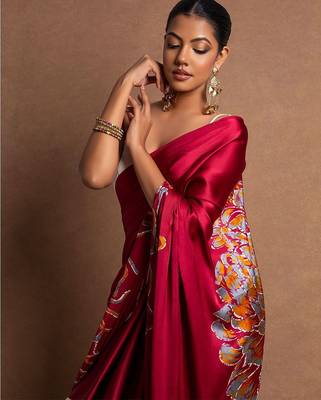 Red printed satin saree with blouse piece 1