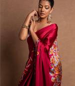 Red printed satin saree with blouse piece