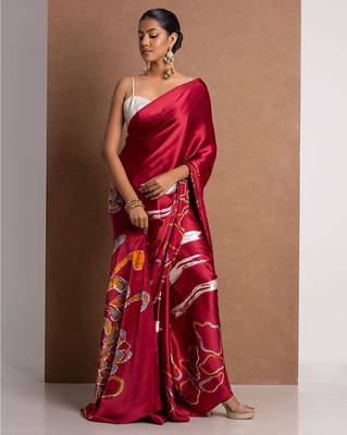 Red printed satin saree with blouse piece 2
