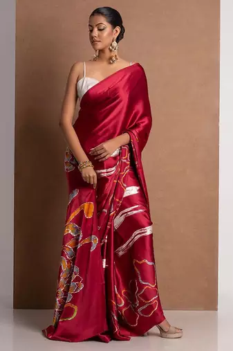 Red printed satin saree with blouse piece