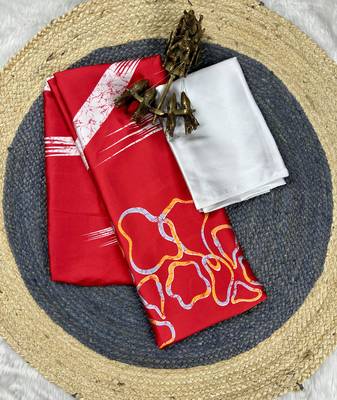 Red printed satin saree with blouse piece 4