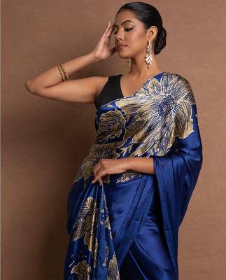 Blue printed satin saree with blouse piece 1
