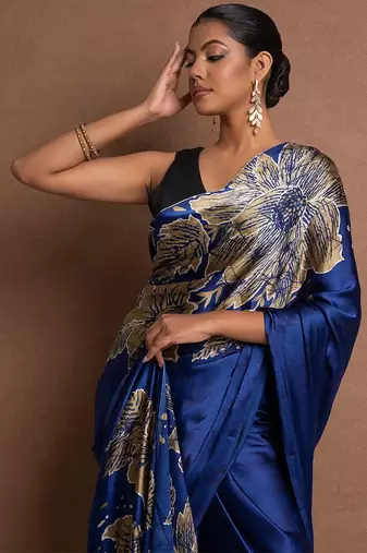 Blue printed satin saree with blouse piece