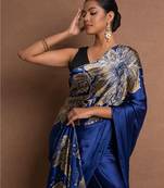Blue printed satin saree with blouse piece