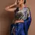 Blue printed satin saree with blouse piece