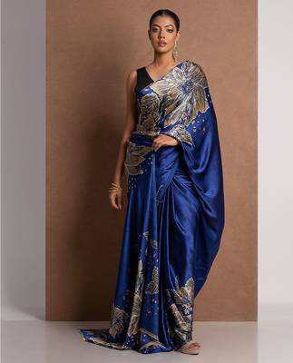 Blue printed satin saree with blouse piece 2