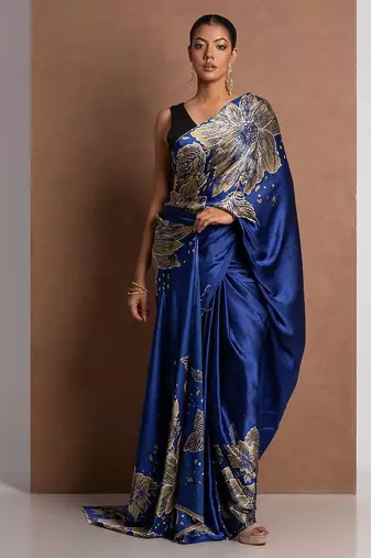 Blue printed satin saree with blouse piece