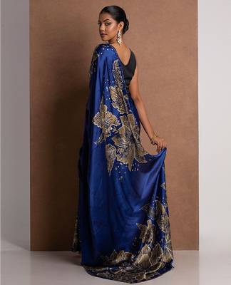 Blue printed satin saree with blouse piece 3