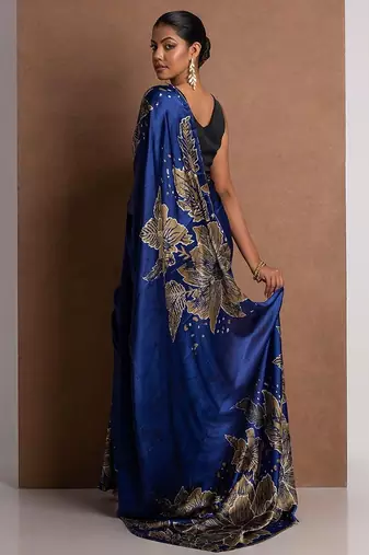 Blue printed satin saree with blouse piece