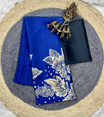 Blue printed satin saree with blouse piece 4