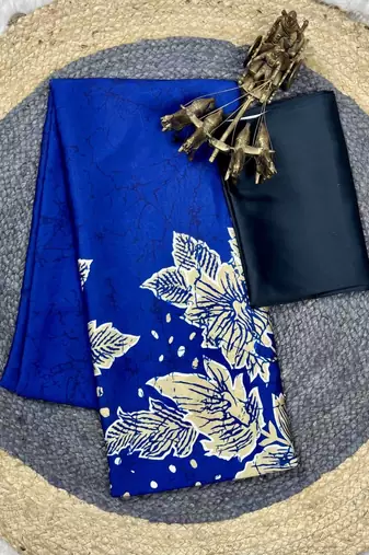 Blue printed satin saree with blouse piece