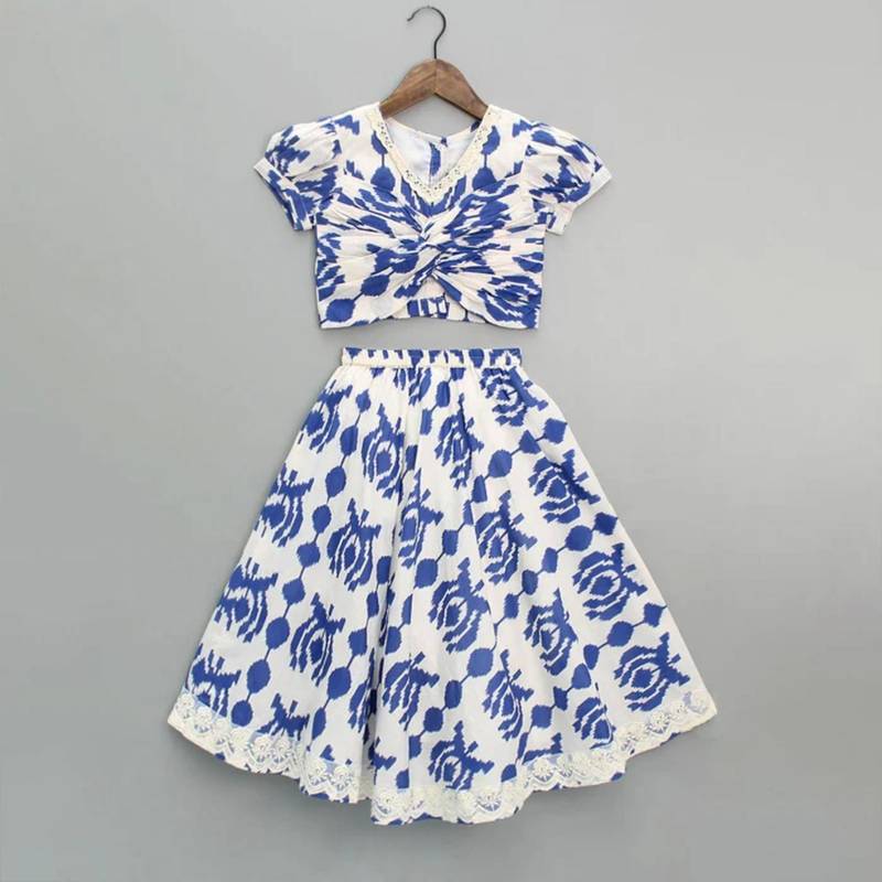 White & blue printed rayon lehenga choli for girls – trendy festive outfit