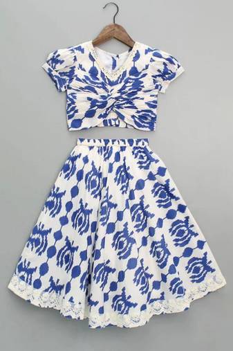 White & blue printed rayon lehenga choli for girls – trendy festive outfit