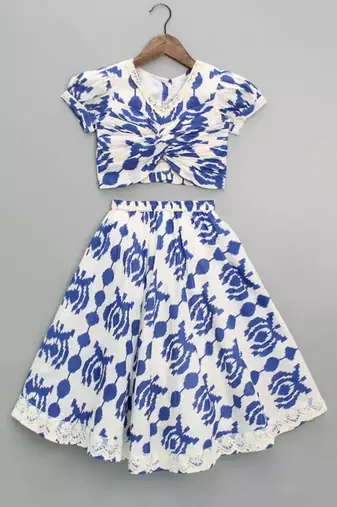 White & blue printed rayon lehenga choli for girls – trendy festive outfit