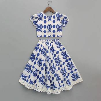 White & blue printed rayon lehenga choli for girls trendy festive outfit 2