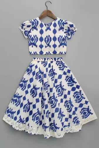 White & blue printed rayon lehenga choli for girls trendy festive outfit
