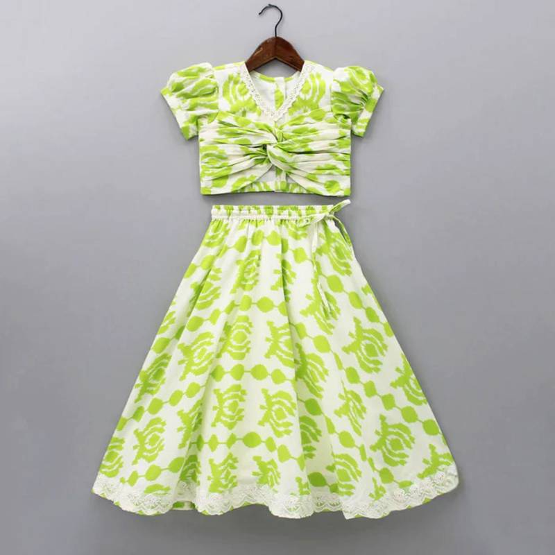 Lime green & white printed rayon lehenga choli for girls – modern ethnic ensemble