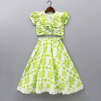 Lime green & white printed rayon lehenga choli for girls modern ethnic ensemble 1