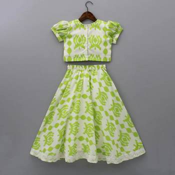 Lime green & white printed rayon lehenga choli for girls modern ethnic ensemble 2