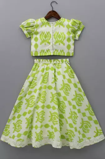 Lime green & white printed rayon lehenga choli for girls modern ethnic ensemble