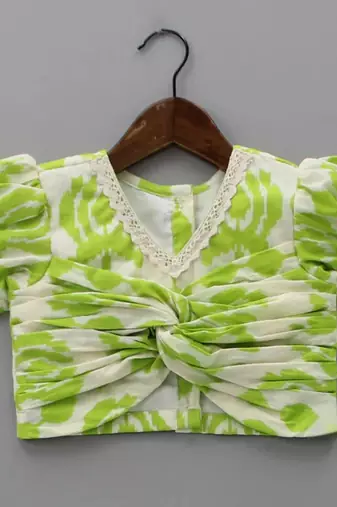 Lime green & white printed rayon lehenga choli for girls modern ethnic ensemble