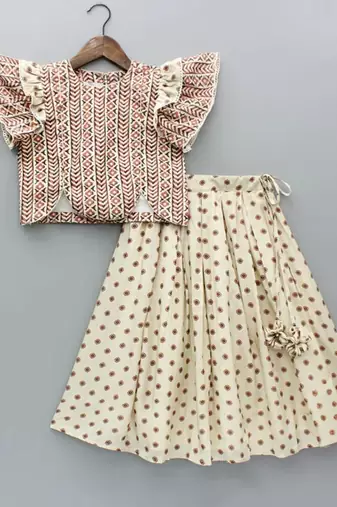 Beige & rust printed rayon lehenga choli for girls – stylish festive outfit with ruffled sleeves