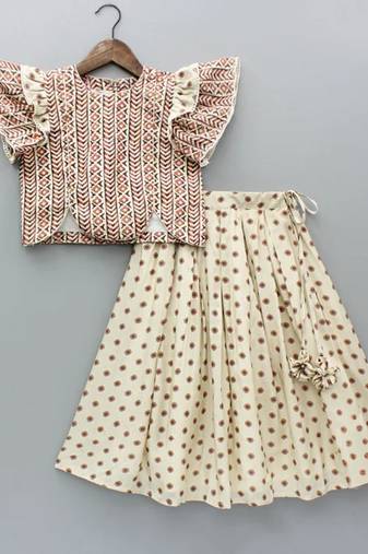 Beige & rust printed rayon lehenga choli for girls – stylish festive outfit with ruffled sleeves