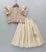 Beige & rust printed rayon lehenga choli for girls stylish festive outfit with ruffled sleeves