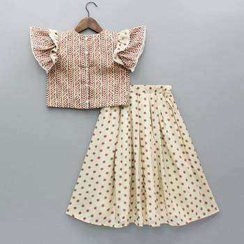 Beige & rust printed rayon lehenga choli for girls stylish festive outfit with ruffled sleeves 2