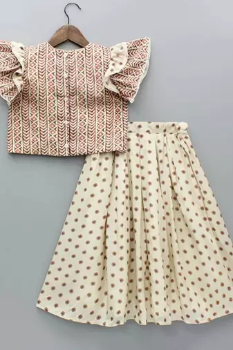 Beige & rust printed rayon lehenga choli for girls stylish festive outfit with ruffled sleeves