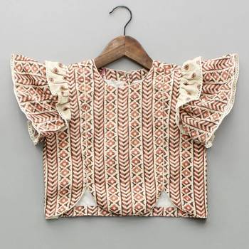 Beige & rust printed rayon lehenga choli for girls stylish festive outfit with ruffled sleeves 3