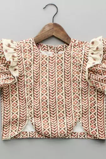 Beige & rust printed rayon lehenga choli for girls stylish festive outfit with ruffled sleeves