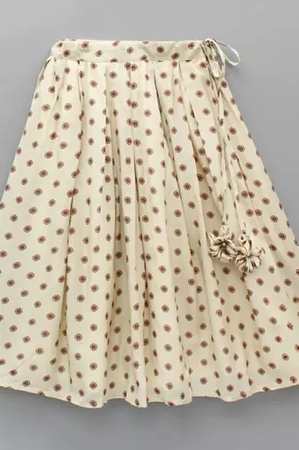 Beige & rust printed rayon lehenga choli for girls stylish festive outfit with ruffled sleeves