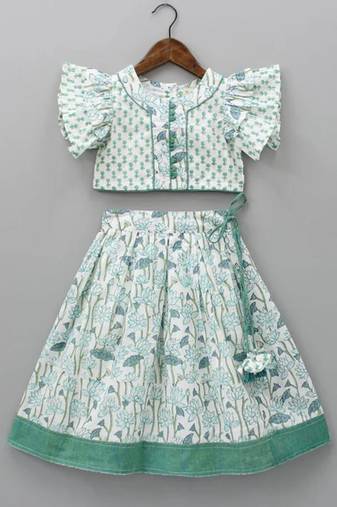 Mint green & white floral printed rayon lehenga choli for girls – ruffle sleeve festive set