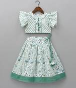 Mint green & white floral printed rayon lehenga choli for girls ruffle sleeve festive set