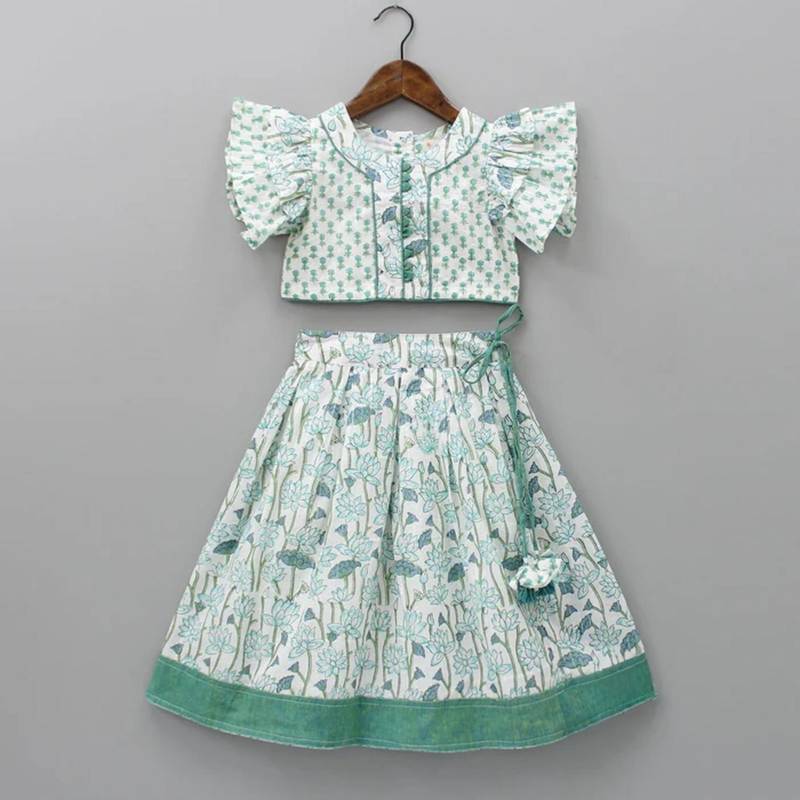 Mint green & white floral printed rayon lehenga choli for girls – ruffle sleeve festive set