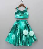 Teal green floral printed rayon lehenga choli for girls sleeveless partywear set with pom-pom detail