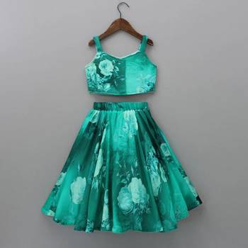 Teal green floral printed rayon lehenga choli for girls sleeveless partywear set with pom-pom detail 2