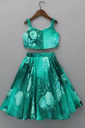 Teal green floral printed rayon lehenga choli for girls sleeveless partywear set with pom-pom detail