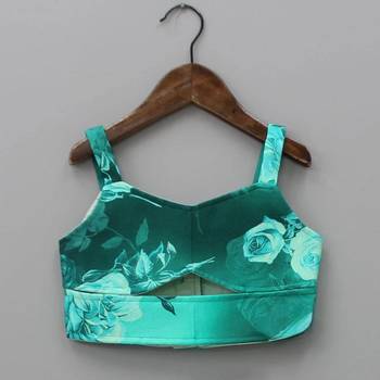 Teal green floral printed rayon lehenga choli for girls sleeveless partywear set with pom-pom detail 3