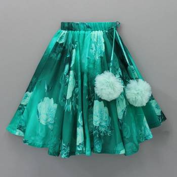 Teal green floral printed rayon lehenga choli for girls sleeveless partywear set with pom-pom detail 4